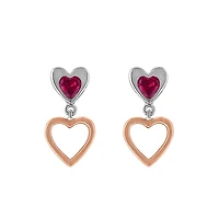 Heart Earrings with Created Ruby in Rose Tone and Sterling Silver