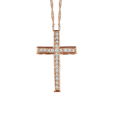 Cross Pendant with .15 Carat TW of Diamonds in 10kt Rose Gold with Chain