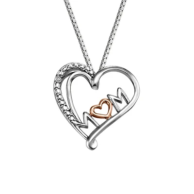Mom Heart Pendant in Sterling Silver and 10kt Rose Gold with Chain
