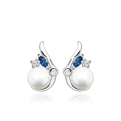 Earrings with White Pearl, Created Blue Sapphire and Cubic Zirconia in Sterling Silver