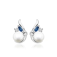 Earrings with White Pearl, Created Blue Sapphire and Cubic Zirconia in Sterling Silver