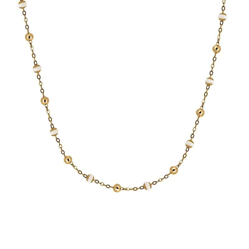 16″+2″ Beaded Chain with White Enamel in 10kt Yellow Gold