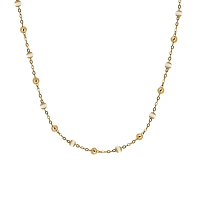 16″+2″ Beaded Chain with White Enamel in 10kt Yellow Gold