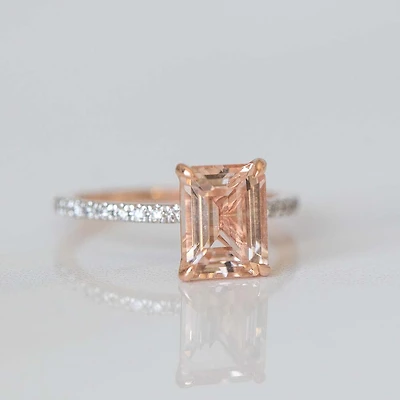 Ring with 8X6MM Emerald Cut Morganite and .20 Carat TW of Diamonds in 14kt Rose Gold