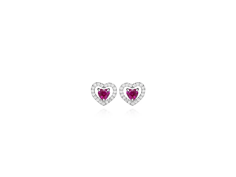 Heart Earrings with Created Ruby and Cubic Zirconia in Sterling Silver