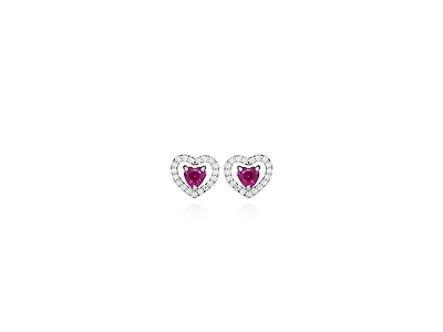 Heart Earrings with Created Ruby and Cubic Zirconia in Sterling Silver