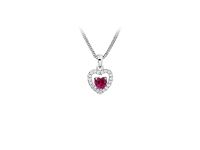 Heart Pendant with Created Ruby and Cubic Zirconia in Sterling Silver with Chain