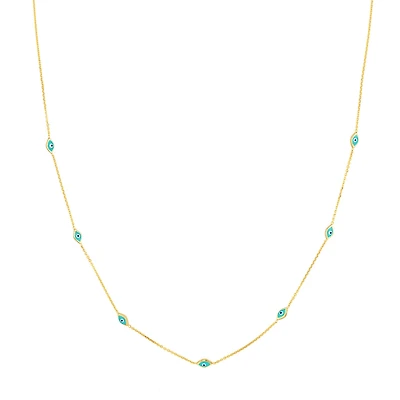 16″-18″ Evil Eye Necklace with Turquoise Enamel in 10kt Yellow Gold