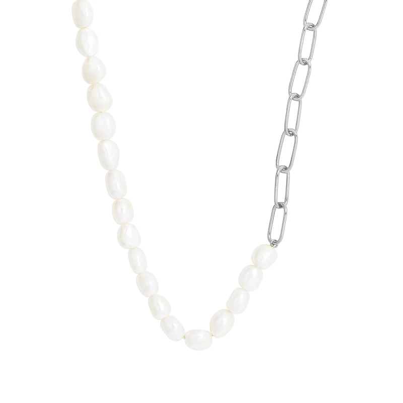 Paperclip Necklace with White Freshwater Pearl in Sterling Silver
