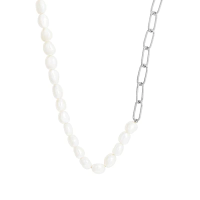 Paperclip Necklace with White Freshwater Pearl in Sterling Silver