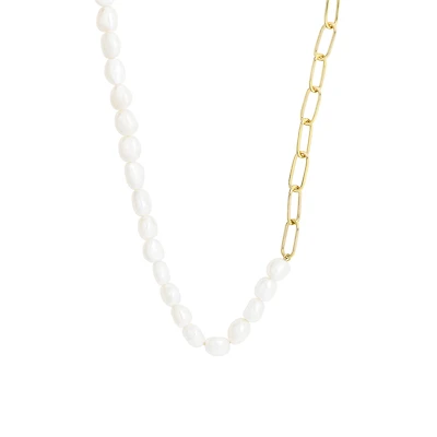 Paperclip Necklace with White Freshwater Pearl in Gold Plated Sterling Silver