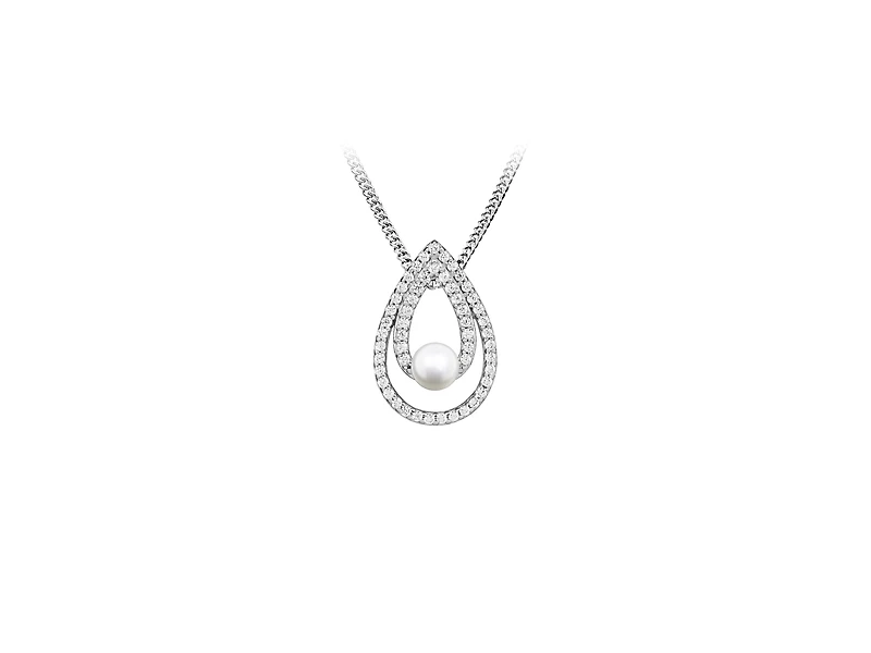 Pendant with White Pearl and Cubic Zirconia in Sterling Silver with Chain