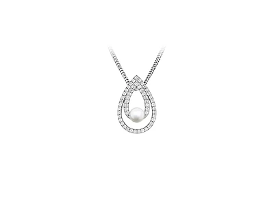 Pendant with White Pearl and Cubic Zirconia in Sterling Silver with Chain