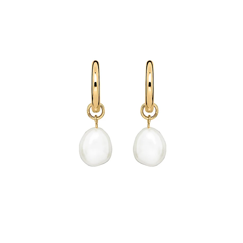 Hoop Earrings with White Freshwater Pearl in Gold Plated Sterling Silver
