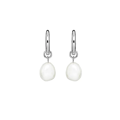Hoop Earrings with White Freshwater Pearl in Sterling Silver