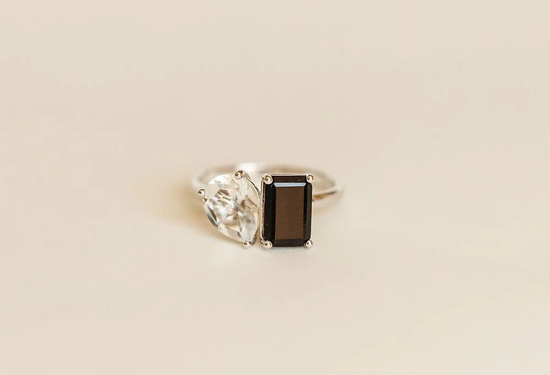 Toi et Moi Ring with Onyx and White Topaz in 14kt White Gold