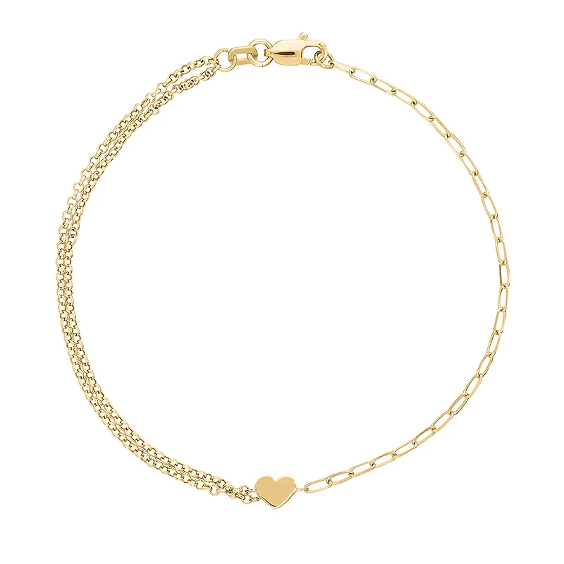 7.5″ Paperclip and Rolo Chain Mini Heart Bracelet in 10kt Yellow Gold