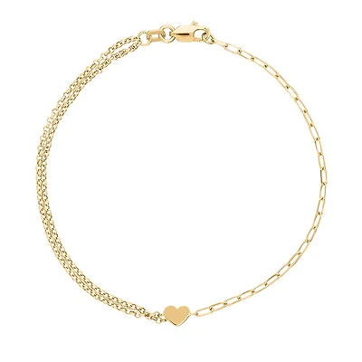 7.5″ Paperclip and Rolo Chain Mini Heart Bracelet in 10kt Yellow Gold