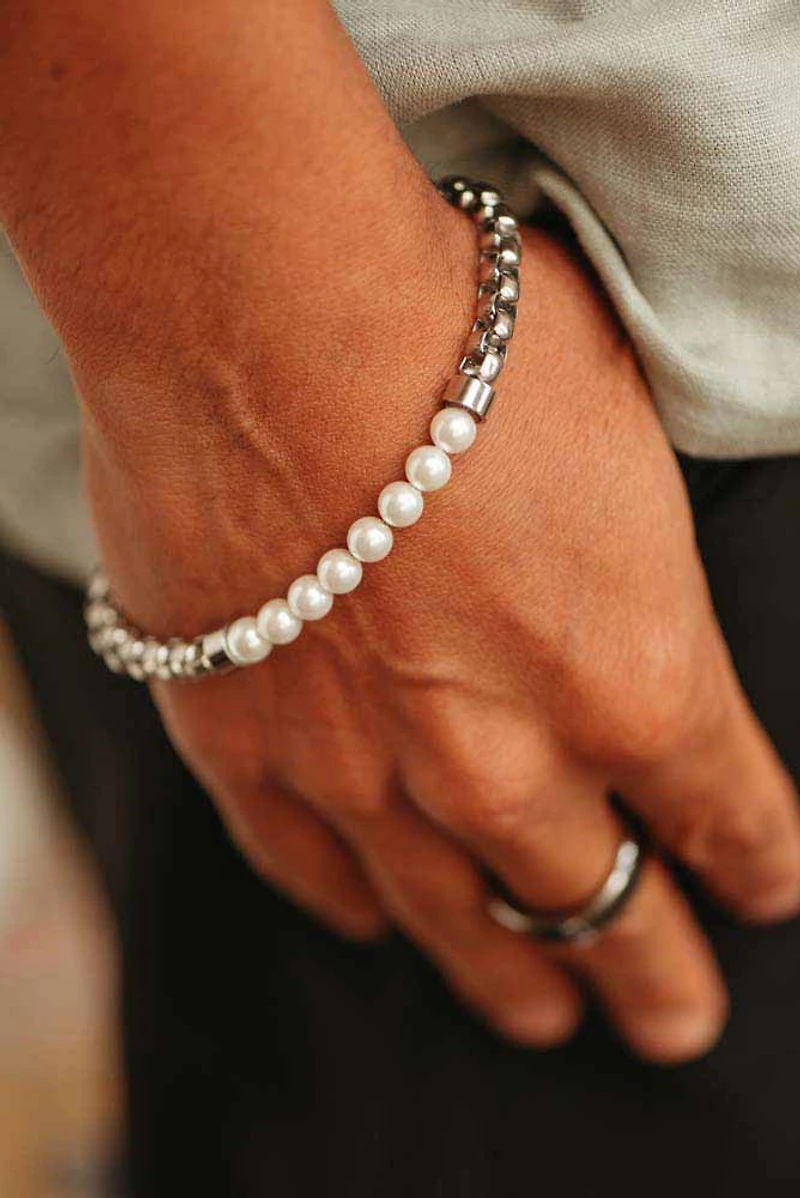 Men’s Bracelet with 6MM White Synthetic Pearls in Stainless Steel