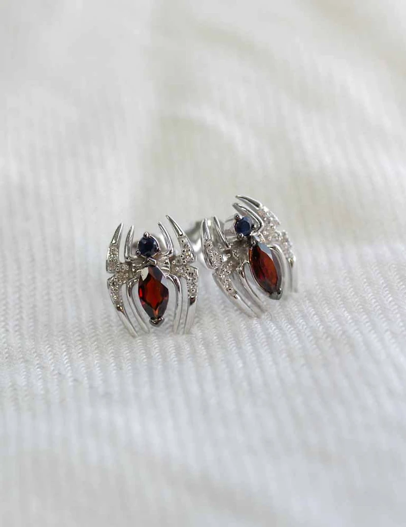 Marvel Spider-Man Earrings with Blue Sapphire and Garnet in Sterling Silver