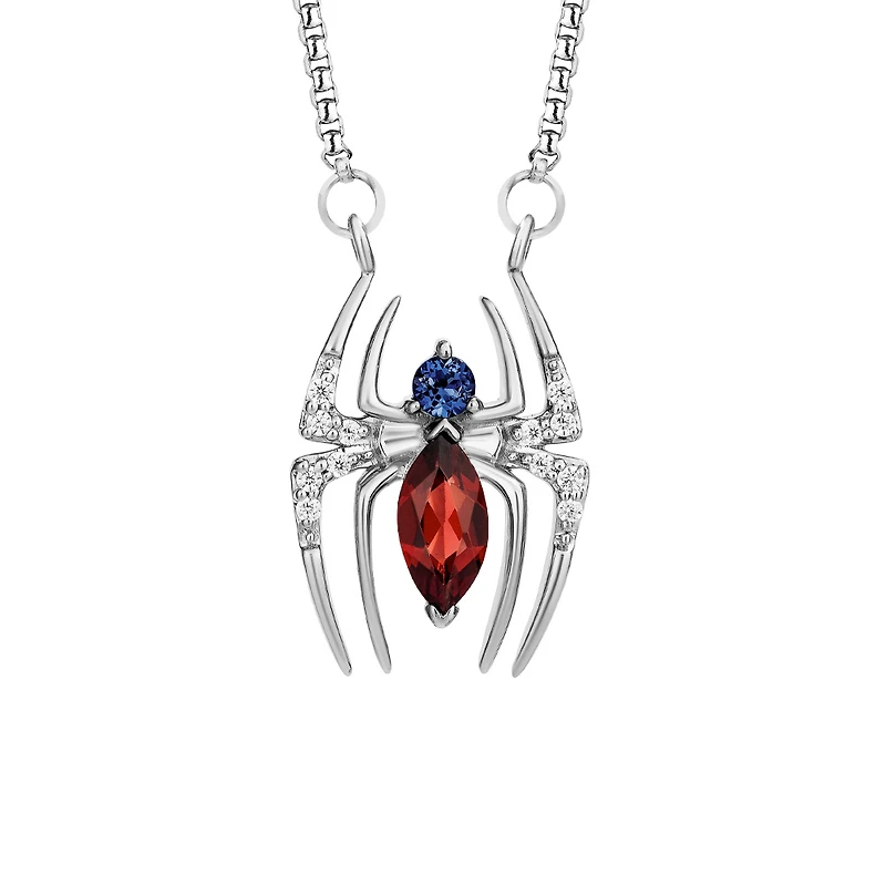 Marvel Spider-Man Pendant with Blue Sapphire, Garnet and .05 Carat TW of Diamonds in Silver with Chain