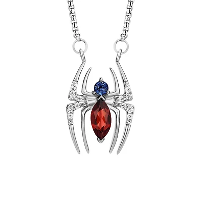 Marvel Spider-Man Pendant with Blue Sapphire, Garnet and .05 Carat TW of Diamonds in Silver with Chain