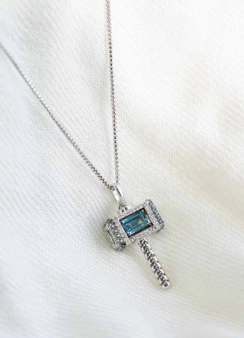 Marvel Thor’s Hammer “Mjolnir”  Pendant with Swiss Blue Topaz and .20 Carat TW of Diamonds in Silver with Chain