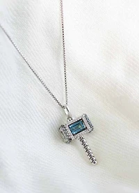 Marvel Thor’s Hammer “Mjolnir”  Pendant with Swiss Blue Topaz and .20 Carat TW of Diamonds in Silver with Chain