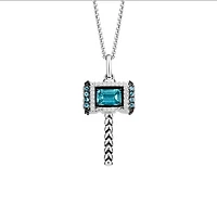 Marvel Thor’s Hammer “Mjolnir”  Pendant with Swiss Blue Topaz and .20 Carat TW of Diamonds in Silver with Chain