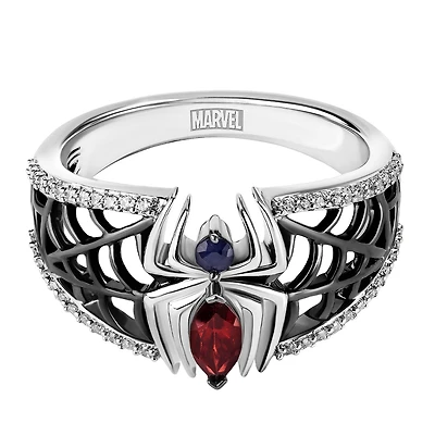 Marvel Spider-Man Ring with Blue Sapphire, Garnet and .17 Carat TW of Diamonds in Black Rhodium Plated Silver