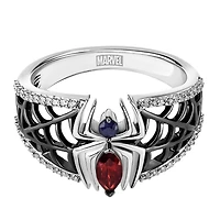 Marvel Spider-Man Ring with Blue Sapphire, Garnet and .17 Carat TW of Diamonds in Black Rhodium Plated Silver