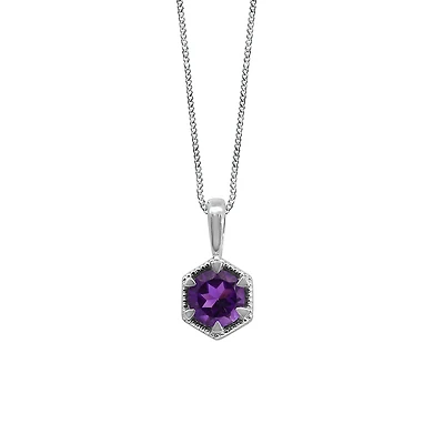 Pendant with 5.5MM Amethyst in 10kt White Gold with Chain