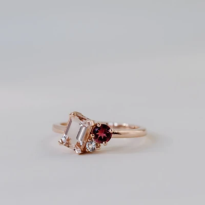 Ring with 7X5MM Emerald Cut Morganite, Pink Tourmaline and White Topaz in 10kt Rose Gold