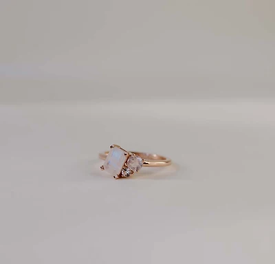 Ring with 7X5MM Emerald Cut Rainbow Moonstone, Rose Quartz and White Topaz in 14kt Rose Gold