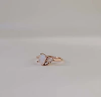 Ring with 7X5MM Emerald Cut Rainbow Moonstone, Rose Quartz and White Topaz in 14kt Rose Gold