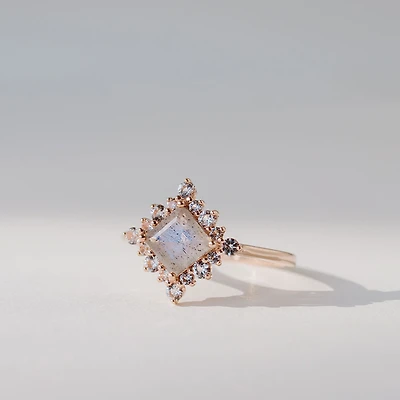 Ring with 6X6MM Princess Cut Labradorite and White Topaz in 10kt Rose Gold