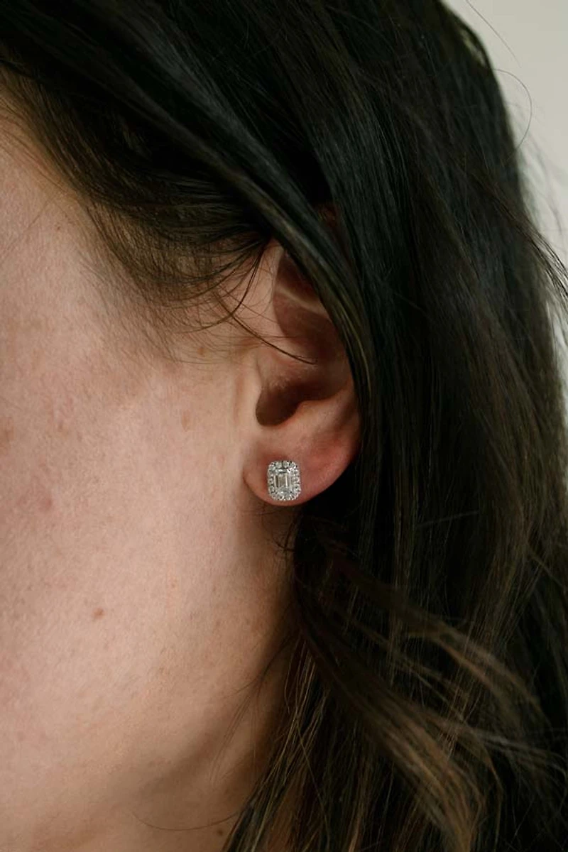 Emerald Halo Stud Earrings with 1.00 Carat TW of Lab Created Diamonds in 14kt White Gold