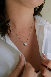 Emerald Halo Pendant with 1.00 Carat TW of Lab Created Diamonds in 14kt White Gold with Chain