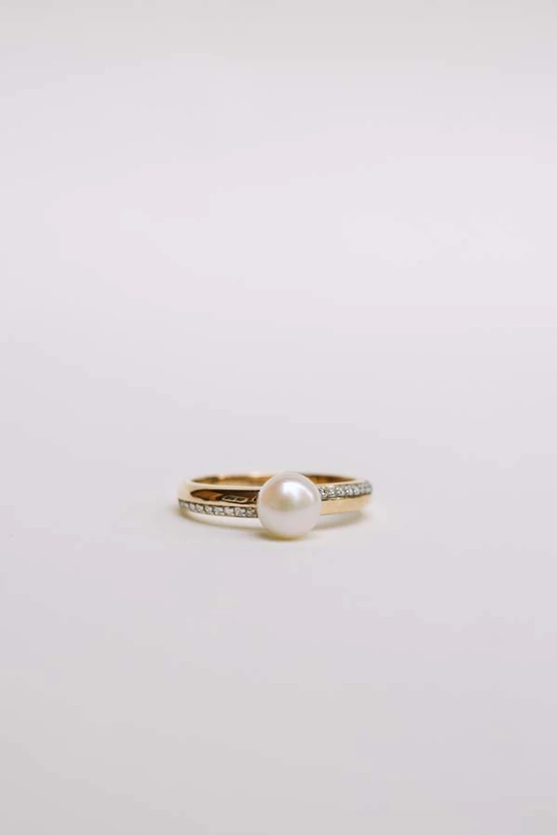Stackable Ring with .09 Carat TW of Diamonds and 6MM Pearl in 10kt Yellow Gold