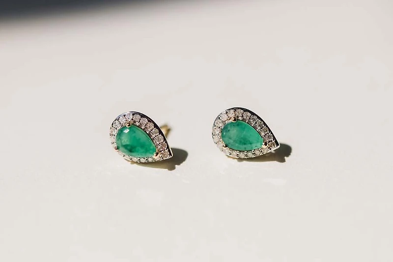 Halo Earrings with .17 Carat TW of Diamonds and 6x4MM Pear Shape Emerald in 10kt Yellow Gold