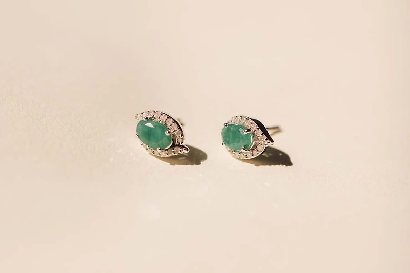 Halo Earrings with .17 Carat TW of Diamonds and 6x4MM Oval Emerald in 10kt White Gold