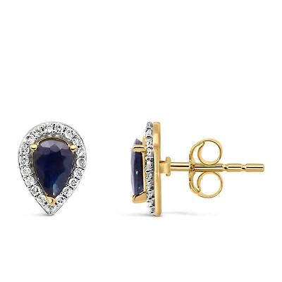 Halo Earrings with .17 Carat TW of Diamonds and 6x4MM Pear Shape Blue Sapphire in 10kt Yellow Gold