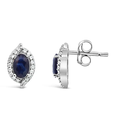 Halo Earrings with .17 Carat TW of Diamonds and 6x4MM Oval Blue Sapphire in 10kt White Gold