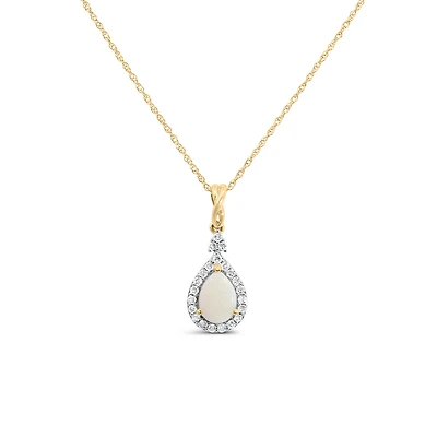 Halo Pendant with .13 Carat TW of Diamonds and 7x5MM Pear Shape Opal in 10kt Yellow Gold with Chain