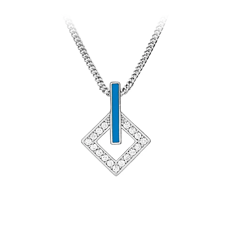 Pendant with Cubic Zirconia and Teal Enamel in Sterling Silver with Chain