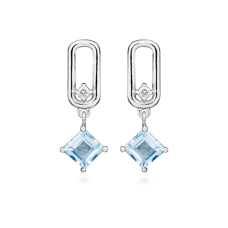 Earrings with Princess Cut Blue Topaz in Sterling Silver