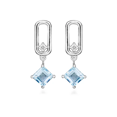 Earrings with Princess Cut Blue Topaz in Sterling Silver