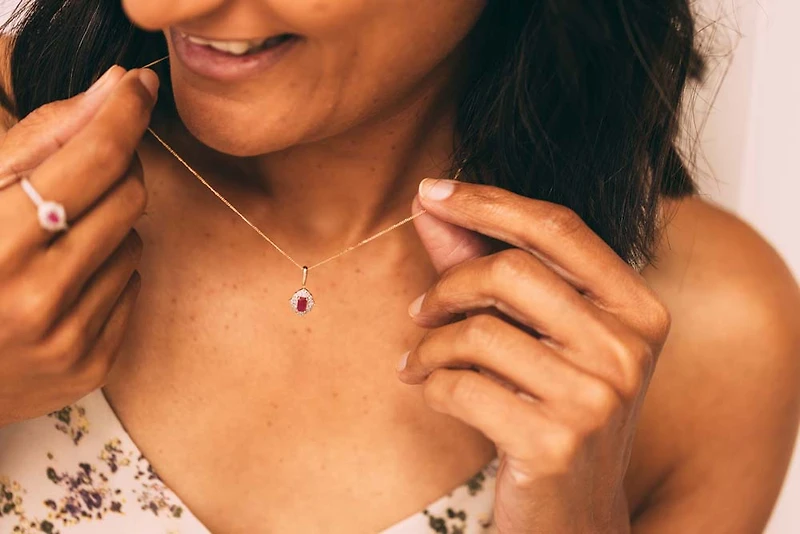 5X3MM Elara Pendant with Ruby and .09 Carat TW of Diamonds in 10kt Yellow Gold