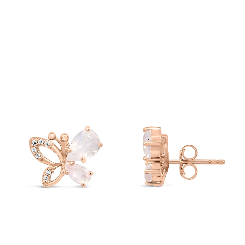Butterfly Earrings with Moonstone and Rose Quartz in Rose Tone Sterling Silver