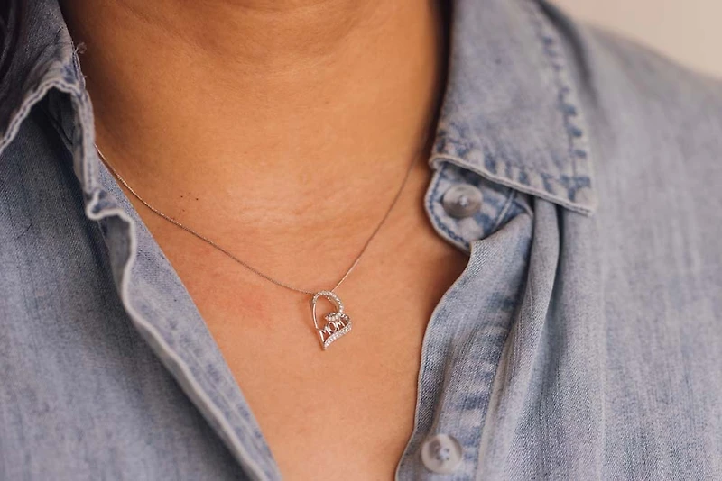 Mom Heart Pendant with .13 Carat TW of Diamonds in 10kt White Gold with Chain